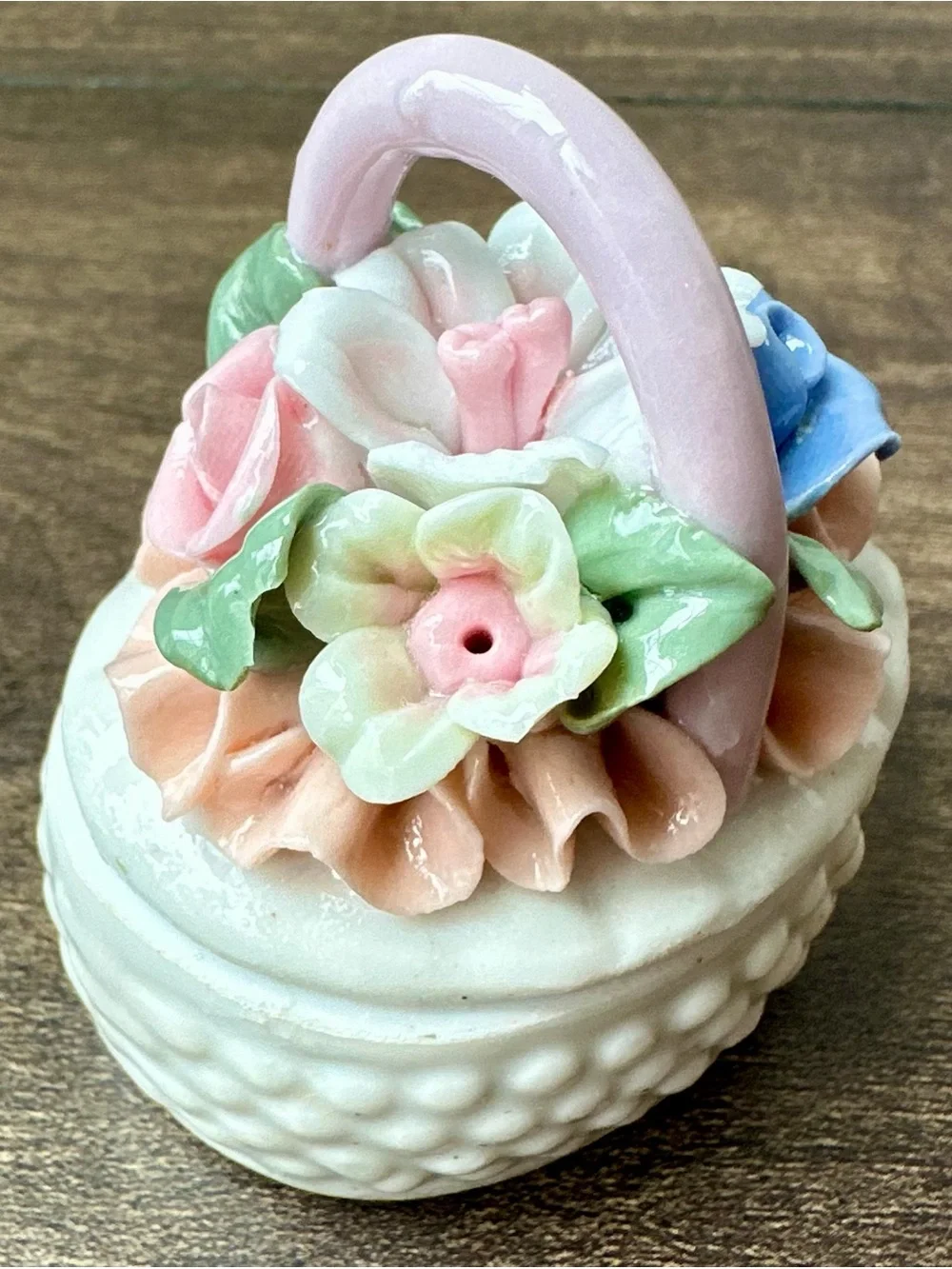 Vintage Capodimonte Style Porcelain Floral Basket Trinket Box - Tiny Chip
